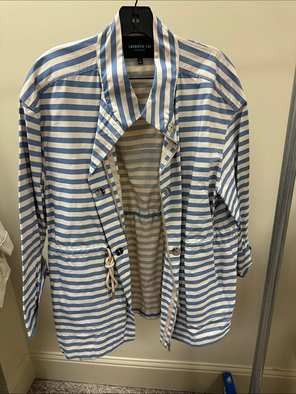 Lafayette 148 New York Light Blue and White Striped Drawstring Jacket